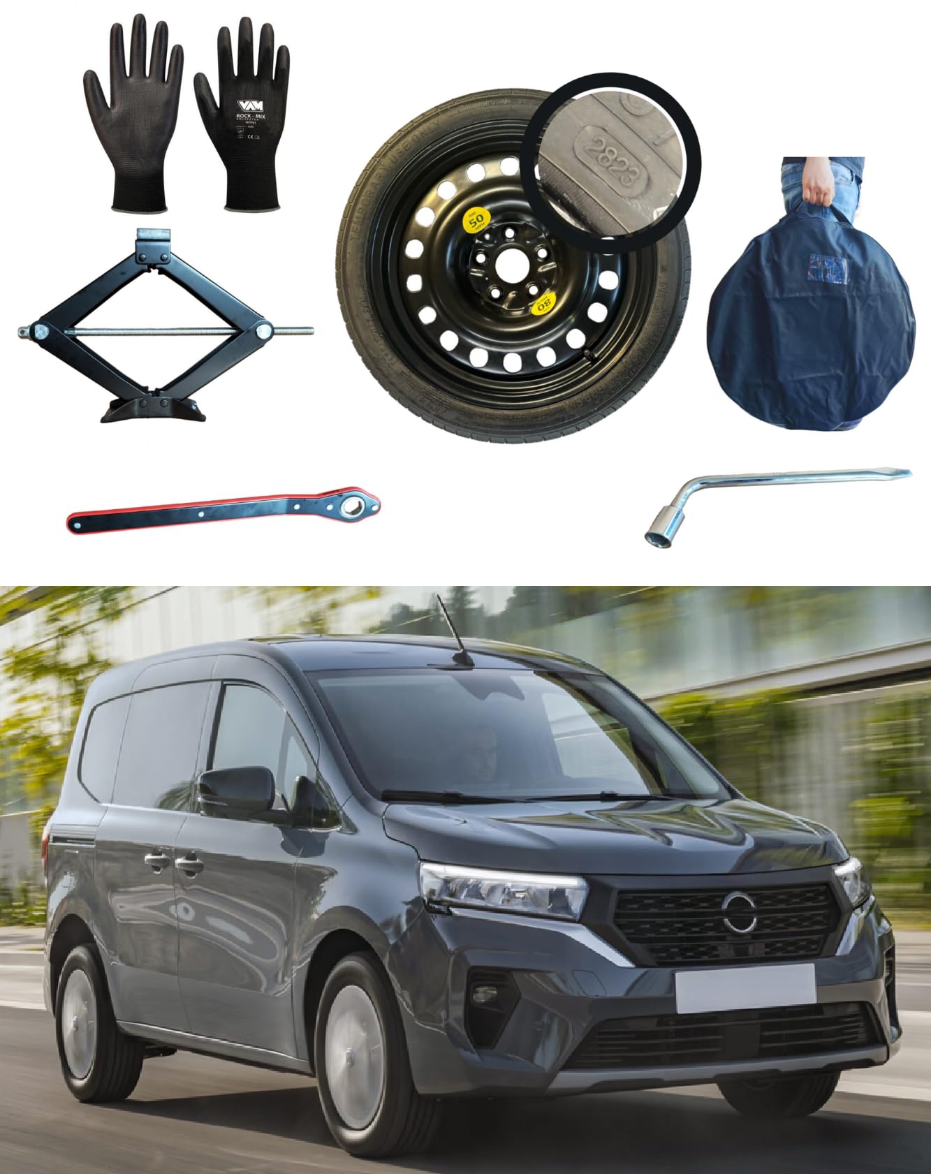 Zestaw kół zapasowych 16" kompatybilny z Nissan Townstar z podnośnikiem, kluczem, rękawiczkami i torbą