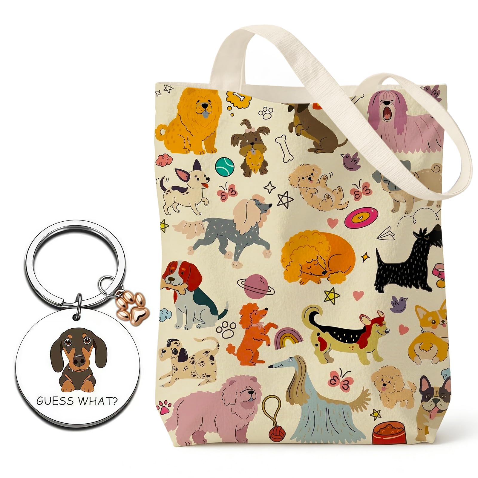 Sausage Dog Gifts, Canvas Tote Bag & Dog Keyring Dachshund Gifts for Women, Personalised Tote Bag with Pet Dogs, Large Capacity Reusable Shoulder Bags for Work, Travel, Grocery, Beach