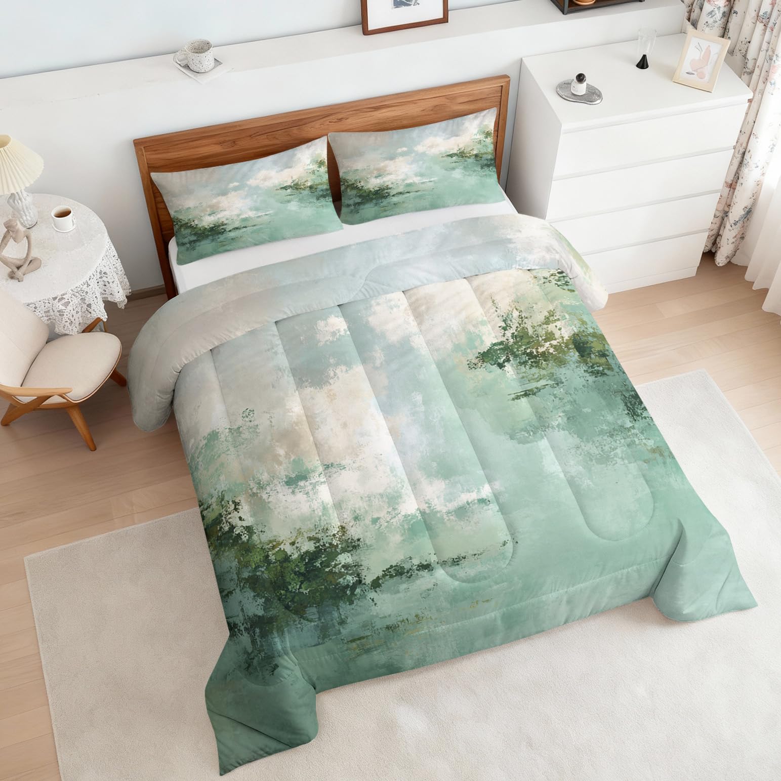 Generisch Grüne Bettdecke 155x220 4 Jahreszeiten, Ohne Bezug, 1 Kissenbezug 80x80, Abstrakt Modern Motiv Wende Steppdecke, Schlafzimmer Deko, Geschenke, Superweich - SE1496