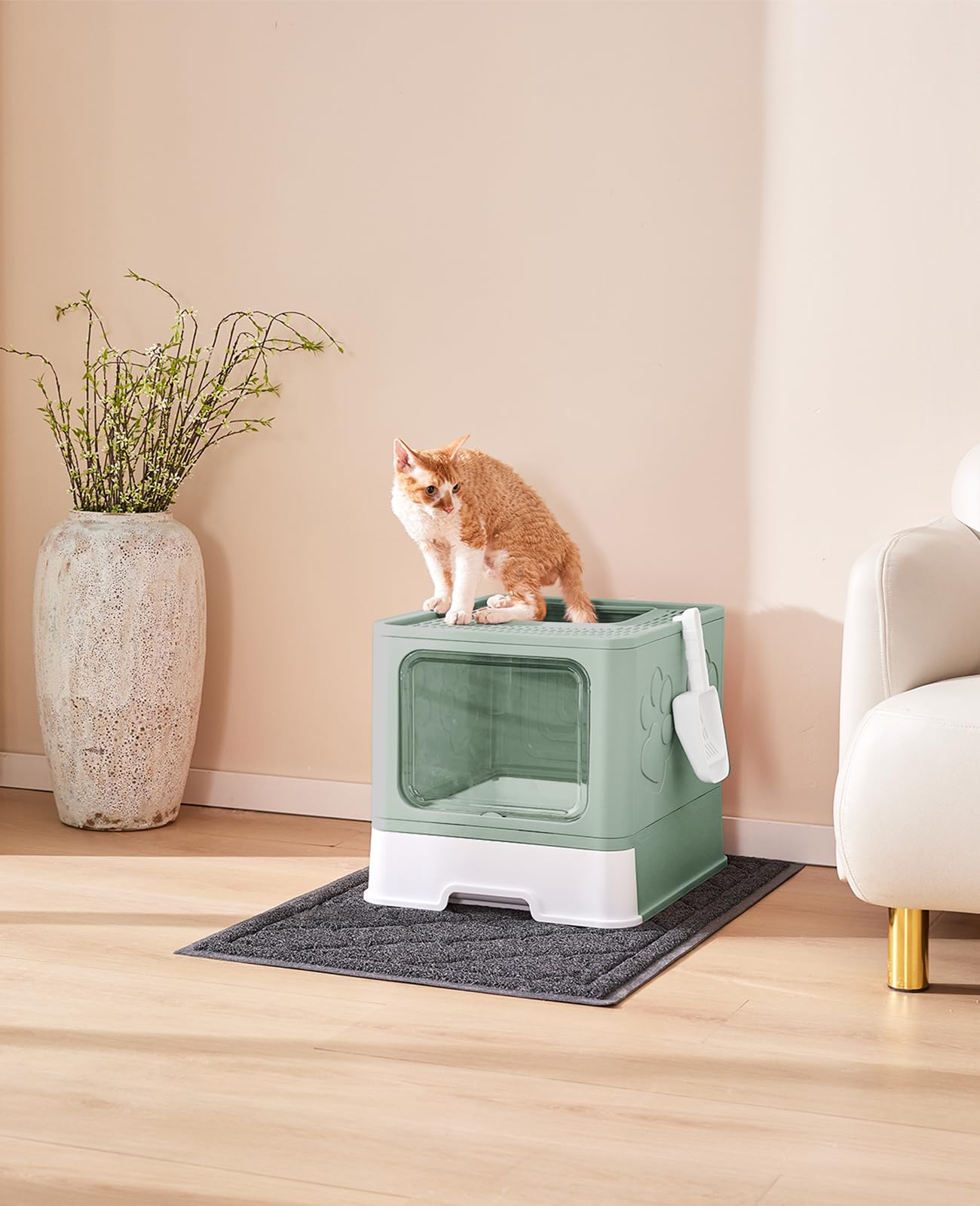 Medario Caja de Arena para Gatos con Alfombrilla de Arena para Gatos XL y Cuchara, Caja de Arena Plegable Grande con Tapa, Caja de Arena para Gatitos de Entrada Superior, Control de olores, fácil de