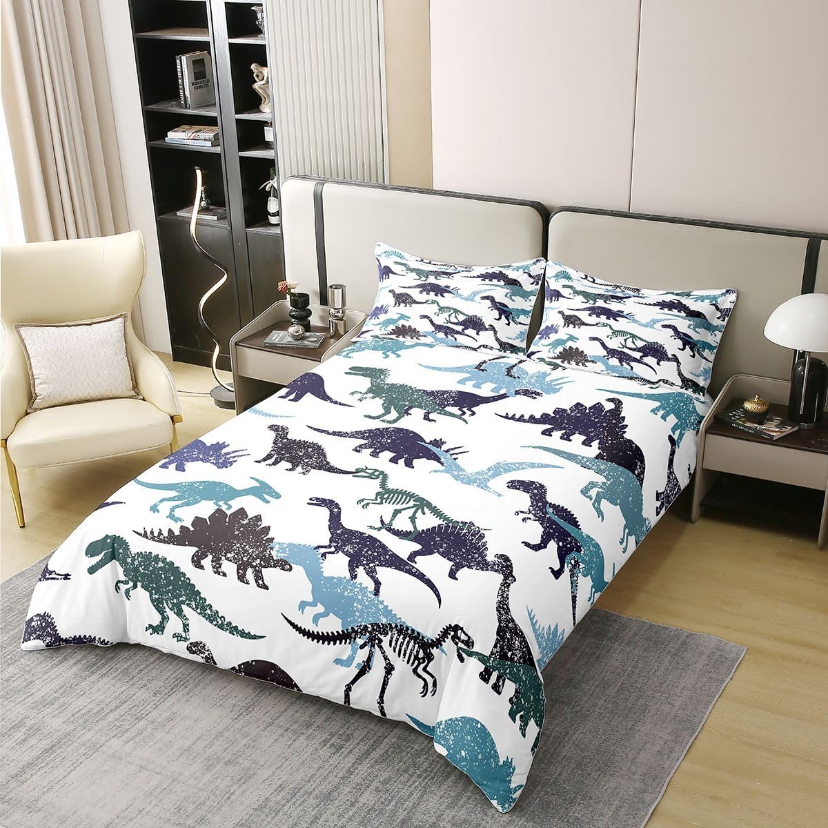 Castle Fairy Wild Dinosaur Duvet Cover Set Full Size 100% Cotton,Camouflage Dino Animals Kids Bedding Set,Dino Ancient Animal Girls Boys Room Decor,White Blue Quilt Cover,2 Pillowcases(No Filler)