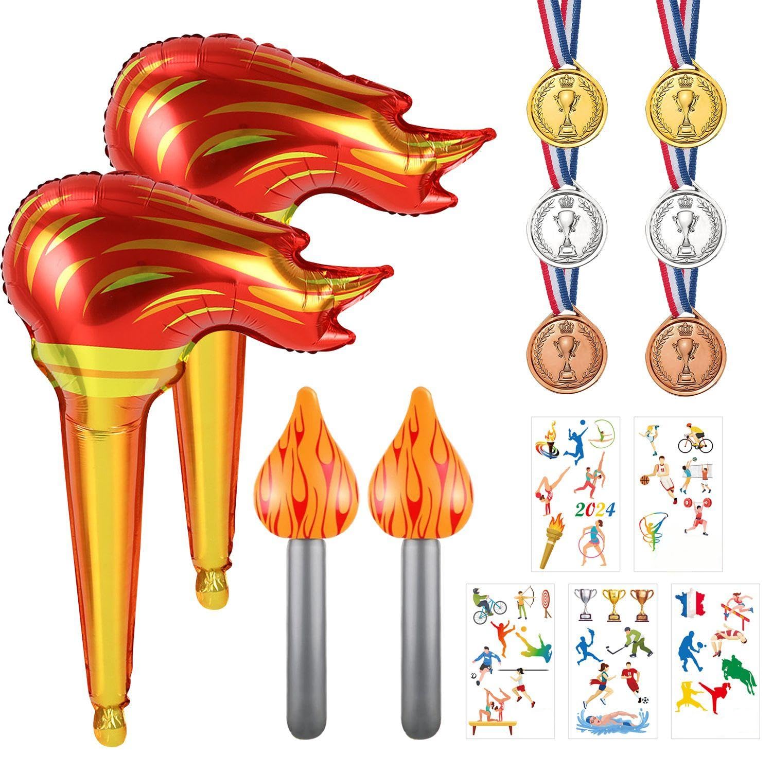 6 piezas de medallas de campeonato, 2 piezas de antorchas pequeñas, 2 piezas de antorchas grandes, 1 paquete de pegatinas con temas deportivos, decoraciones para juegos deportivos.