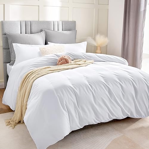 CozyLux White Duvet Cover Queen Size Set Comforter Cover, Ultra Soft Brushed Microfiber 3 Pieces 90x90 Inches Zipper Closure and Corner Ties (Comforter not Included)