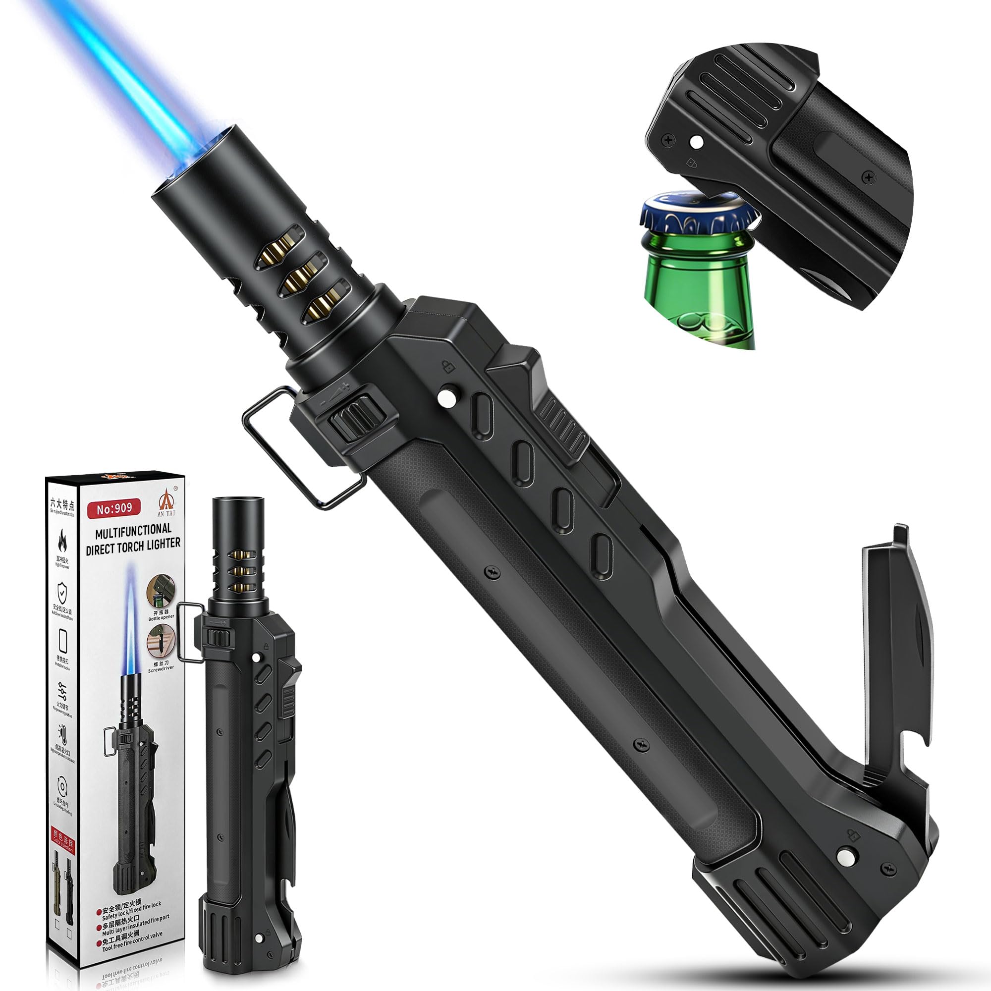 Lafagiet Butane Torch Lighter Windproof Refillable Jet Lighters with Punch Safety Lock Multi-Functional Survival Gear with Folding Knife
