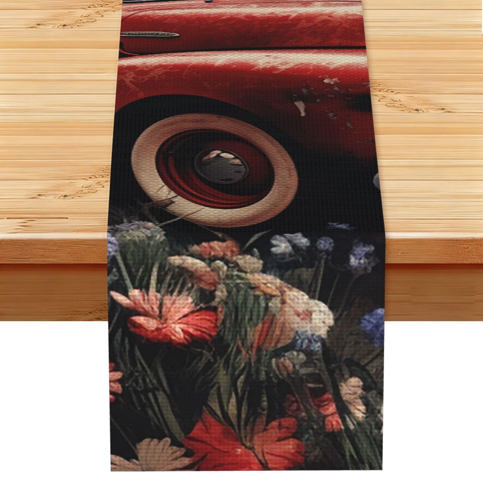 4th of July Patriotic Old Red Truck Table Runner 13 x 72 Inches Long, Cotton Linen Table Runners for Kitchen Dining Table Decoration - Washable Tablecloth Modern Tablerunner for Home Party Decor