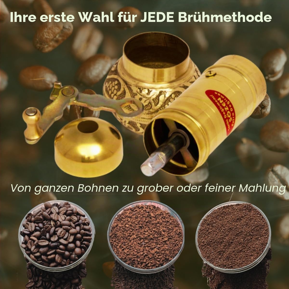 SOZEN 16.3cm Manuelle Kaffeemühle Messing - Handkurbel Burr Mühle für Türkischen Kaffee, Französische Presse, Espresso, Camping & Heimgebrauch - Tragbare Kaffeebohnenmühle, Einstellbare Konische
