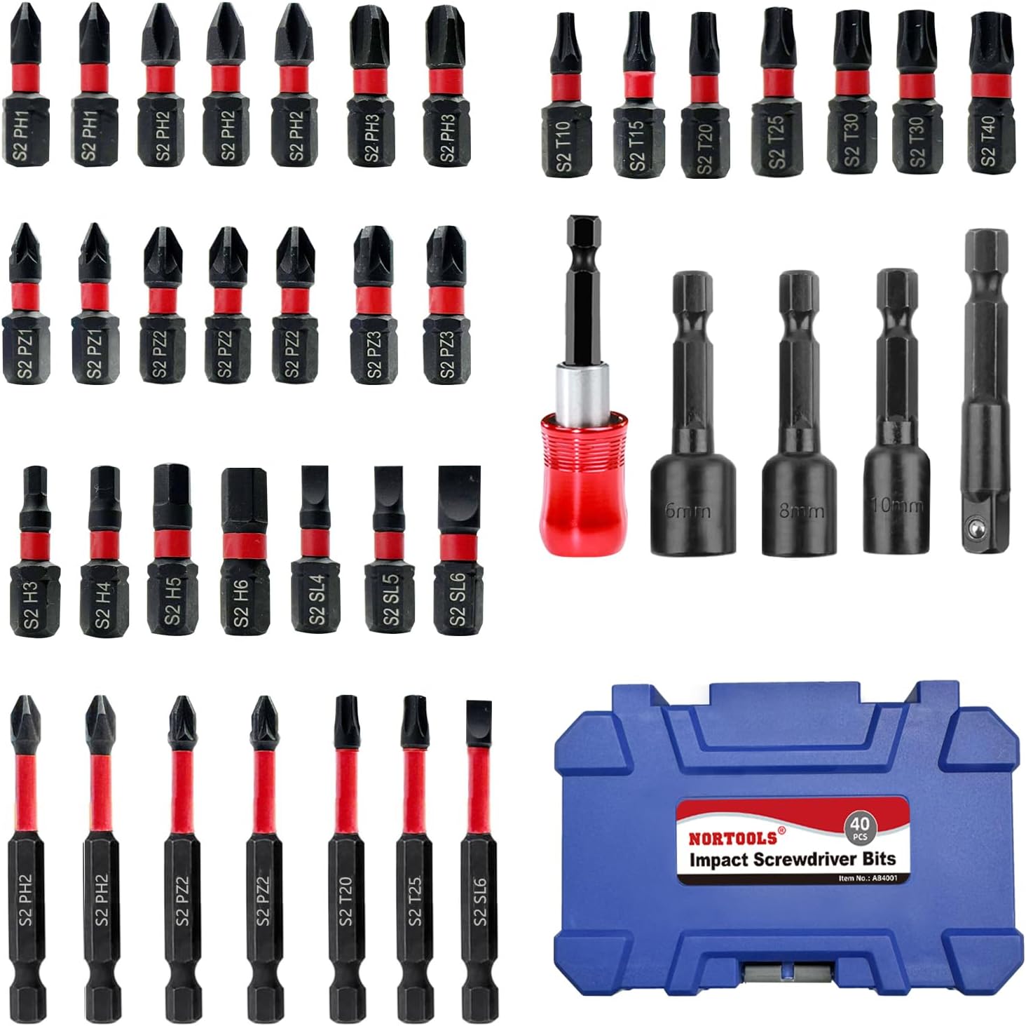 NORTOOLS 40PCS impact screwdriver bit set Phillips, Slotted and Torx, S2 steel，Magenetic Nut Driver Set for Impact Drills and Premium Deep Drivers,Retractable Bit Holder and 1/4'' Quick Chang