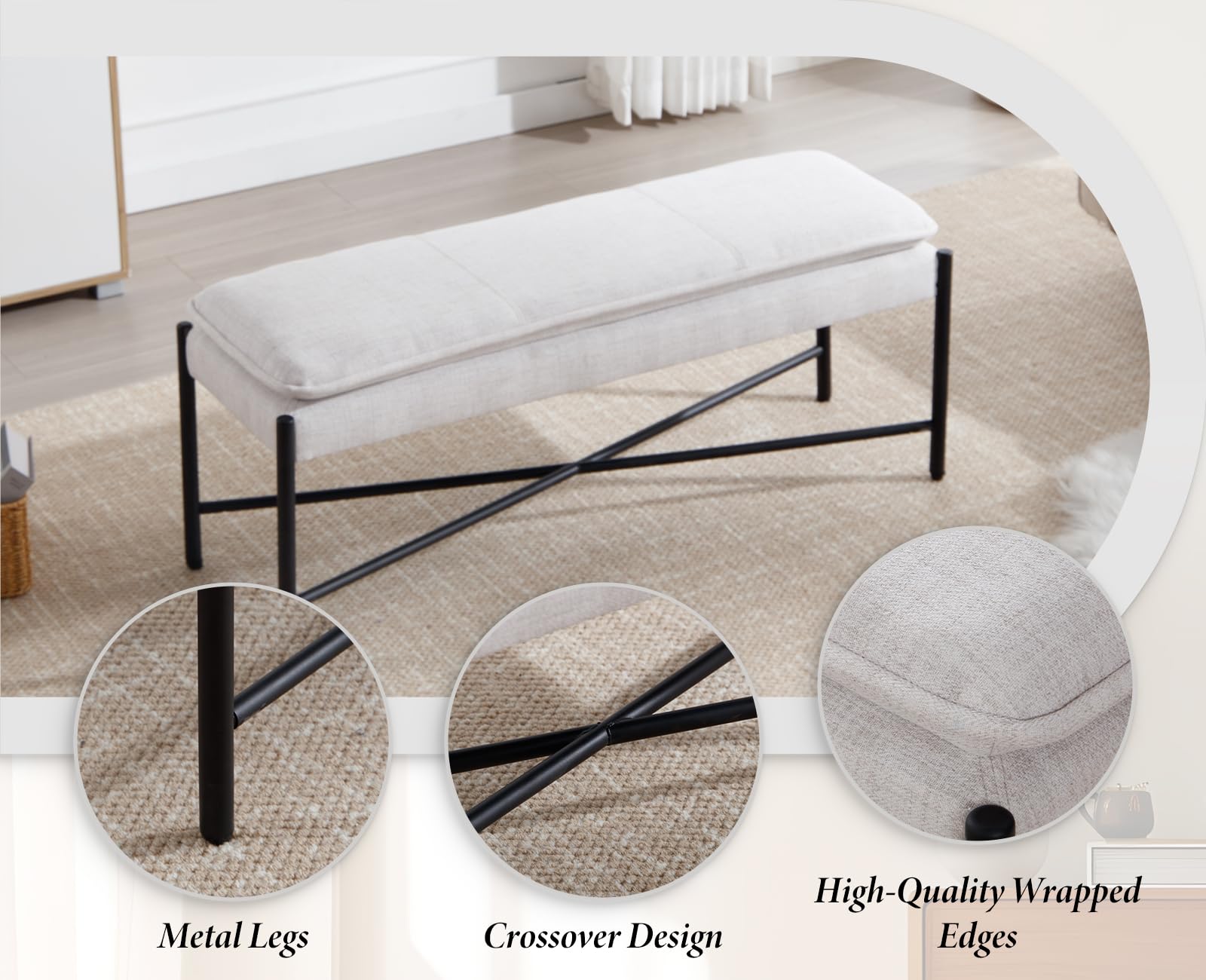 Ya-Home Banc Bout de Lit Moderne,Banquette d'Entrée,Lin,Beige | Banc Ottoman d'Entrée à Double Couche Rembourré,Pieds Métalliques,pour Entrée Salon Chambre à Coucher