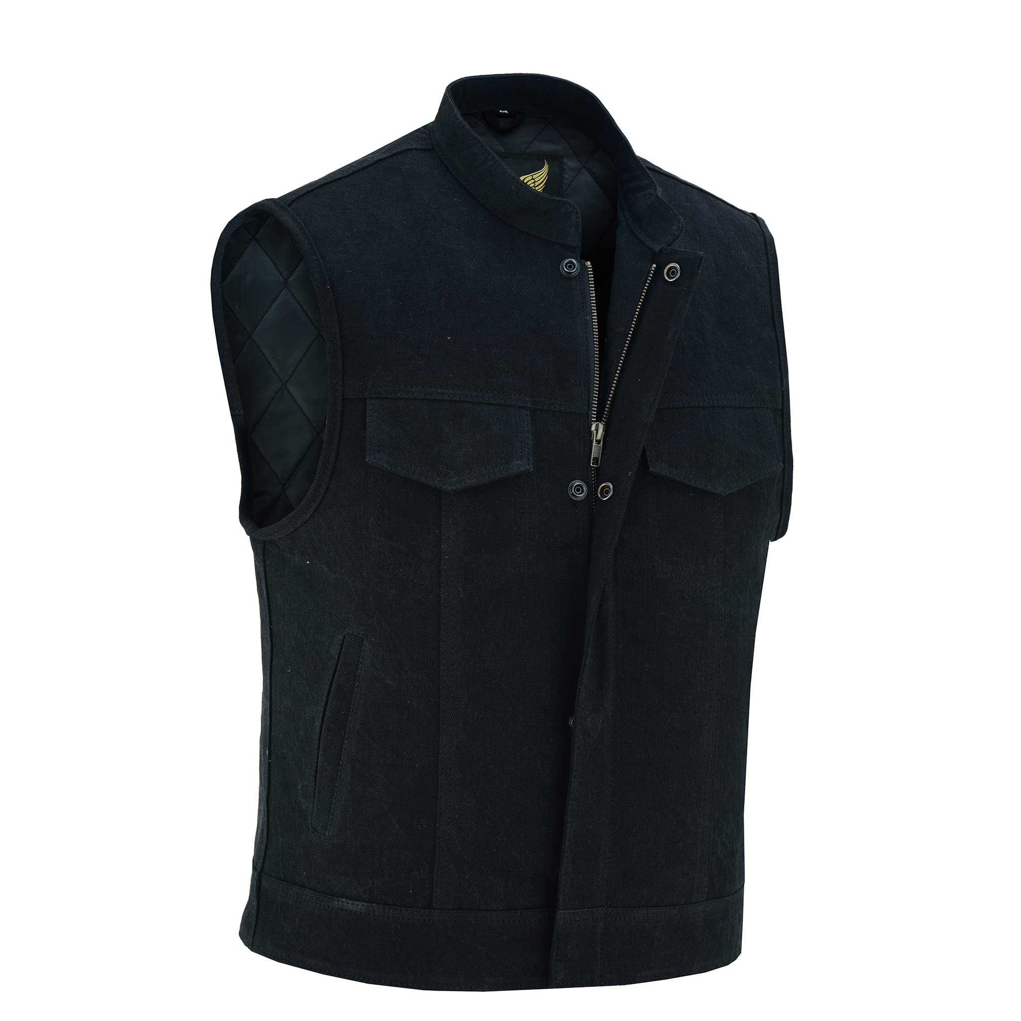 LeatherickSOA Black Mens Body Warmer Denim Waistcoat - Motorcycle Bikers Club Denim Vest with Quilted Liner and Multiple Pockets