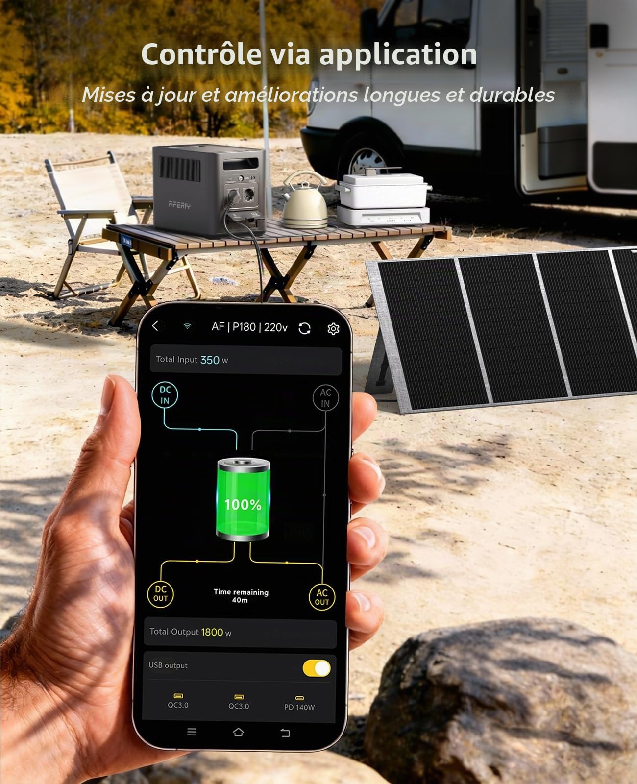 AFERIY 1800W Generateur Electrique Portable avec 200W Panneau Solaire Pliable, Batterie Nomade, Recharge de 0-99% en 60 Min, 9 Sorties, UPS, Station Électrique Solaire pour Maison/Camping/RV