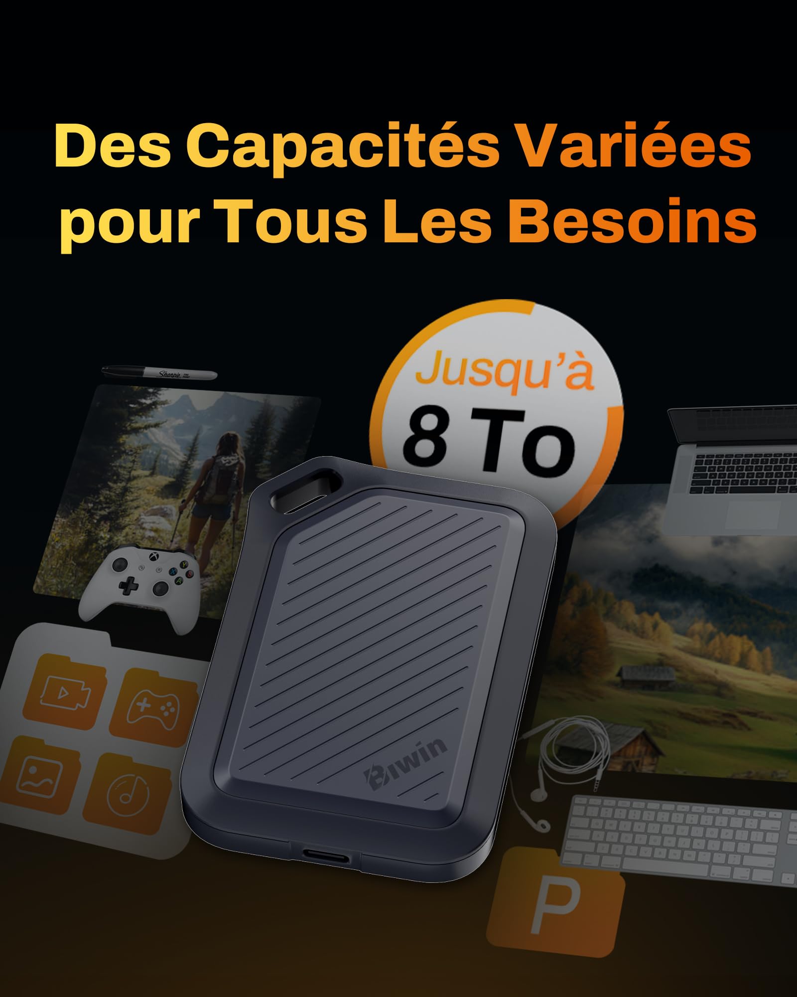 Biwin Disque SSD Externe PR2000 2 to, jusqu'à 2000 Mo/s, IP67 étanche à la poussière et à l'eau, Portable SSD, USB-C USB3.2 Gen2x2, Noir