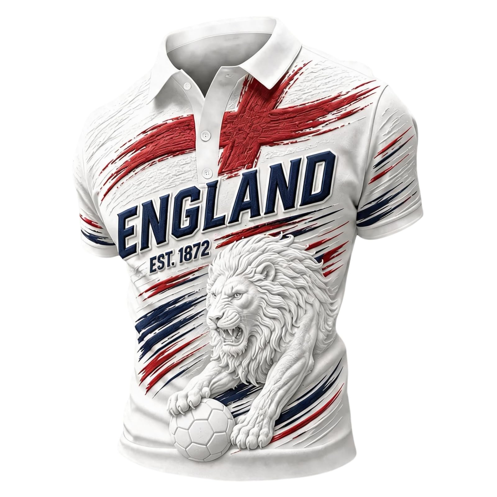 Men’s England Football Shirt 2026 with Lion Print Collared Short Sleeve Polo Shirt for Supporters of Football National Flag Casual Print Button Down Collar Top Outdoor Sports Shirts 2#Vermilion 3XL