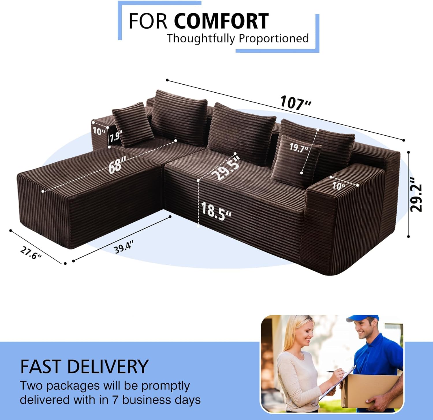107" Boneless Modular Sectional Sofa, L-Shaped Cloud Couch with Deep Seat & High Backrest, Corduroy Couch Memory Foam Sectional Couch, No Assembly Required for Living Room Apartment (Brown)