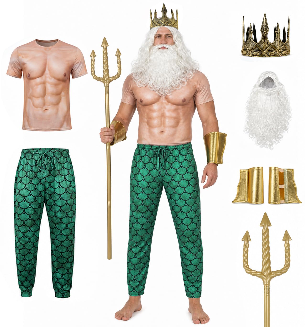 MCJC Poseidon Costume for Men, Neptune Sea God Kit with Trident for Halloween