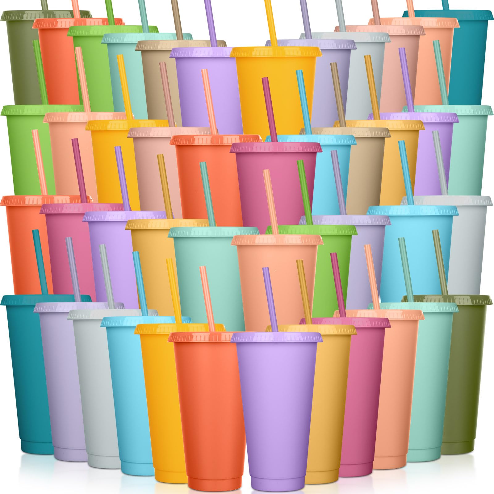 60 Pack Tumbler with Straw and Lid Bulk Water Bottle Iced Coffee Travel Mug Cup Reusable Plastic Cups for Parties Birthdays 24-27 oz (Fresh Color)