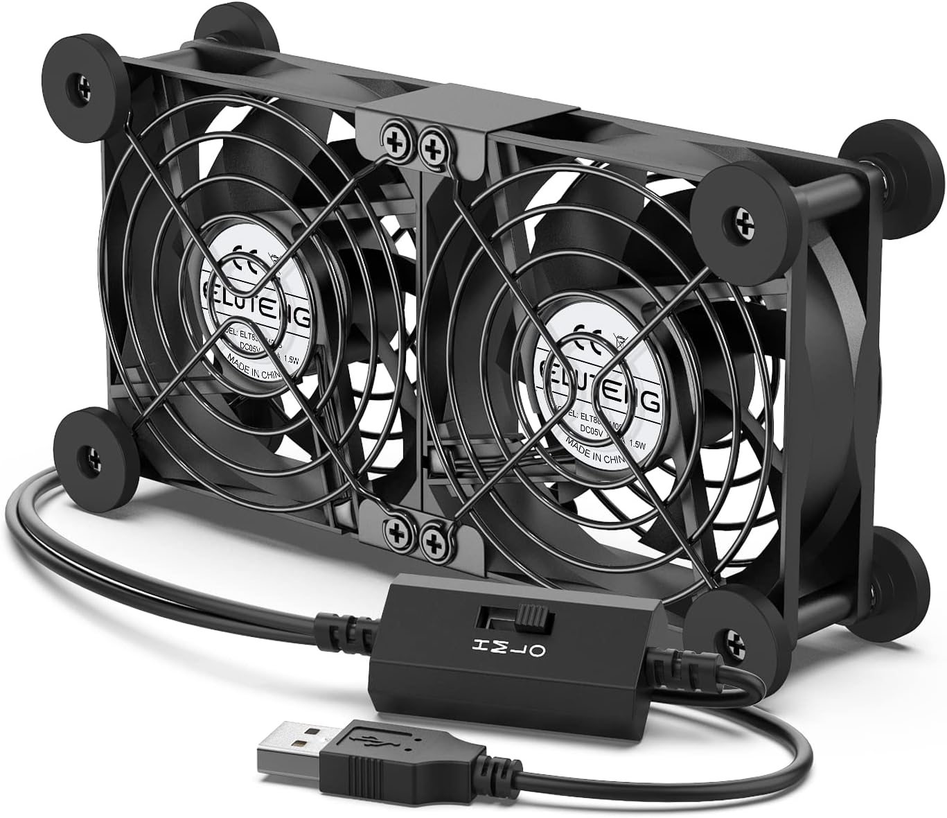 ELUTENG 2 in1 USB Fan 80mm 3-Speed PC Fan Dual Row 5V Quiet USB Cooling Fan with 8 Shock-Absorbing Feet Small USB Powered Computer Fan for Cabinet/Router/PS5/Laptop/TV Box Electronics