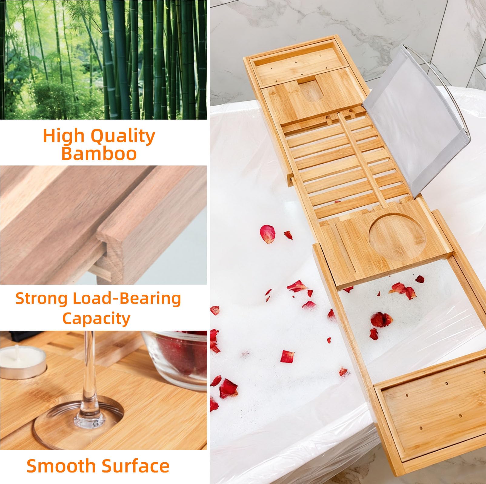 Bandeja Bañera Bambú Extensible con Soporte Tableta & Ranura Sujeción, Bandejas de Baño Ampliable Retráctil 150cm, Accesorios Bañera Organizador Baño Plegable para Mayoría de Bañeras (Natural)