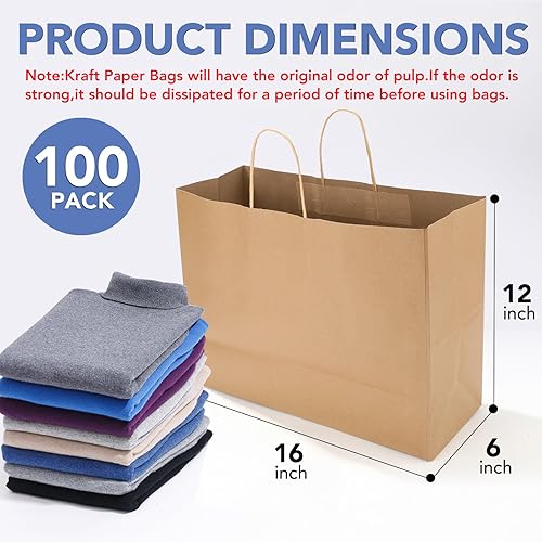 Miniatura 2 de XPCARE Paquete de 100 bolsas de papel kraft con asas a granel, bolsas de papel marrón de 16 x 6 x 12 pulgadas, bolsas de compras Kraft para
