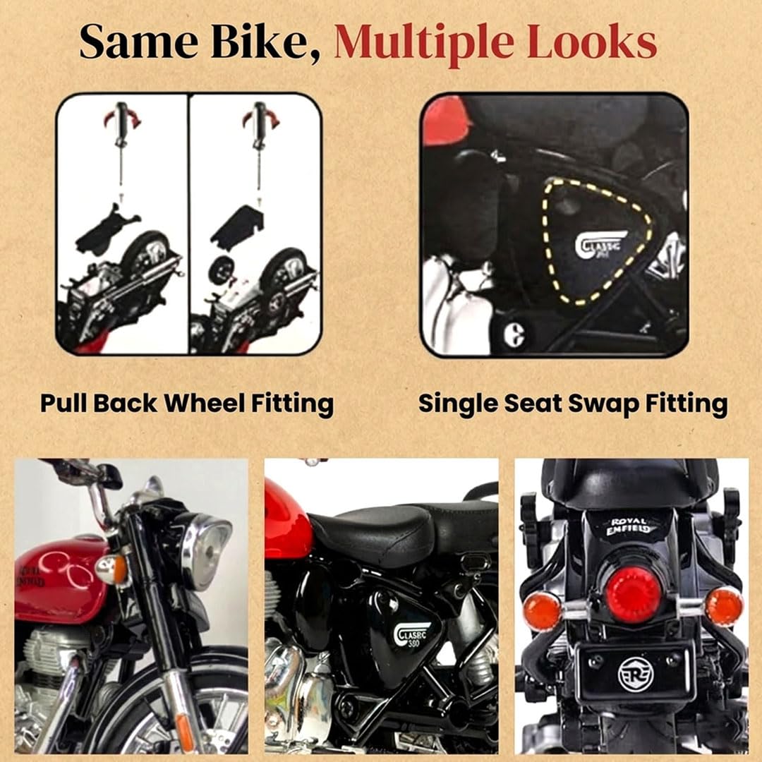 Toyterra Royal Enfield 1:15 Scale Diecast Motorcycle Model Toy, Pull Back Action, Bullet Bike Detacheble Parts with 3 Colored Fuel Tank, Miniature Replica for Collectors & Kids Age 3+ Years 2