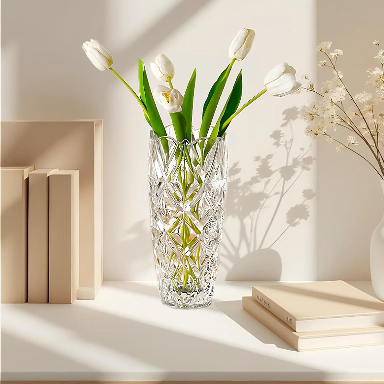 Tall Clear Glass Vase, Large Diamond Check Pattern Crystal Vase, H 10 inch, Weighs 3.3 LB, Heavy Glass for Home Decor, Bookshelf Decor, Centerpieces