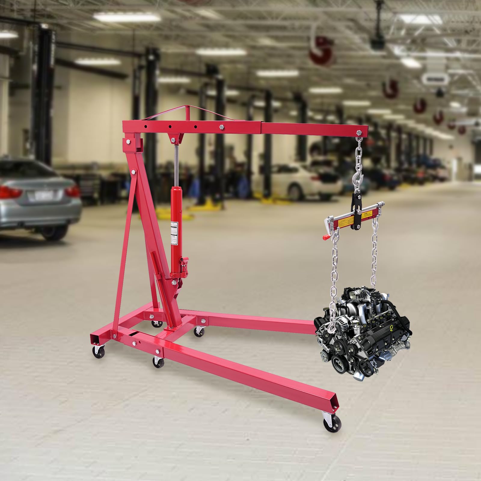 Grúa hidráulica plegable 2T con bomba hidráulica y equilibrador de motor, grúa de motor hasta 2000 kg, altura ajustable con 4 niveles y ruedas, para taller, reparación de coches para elevación de