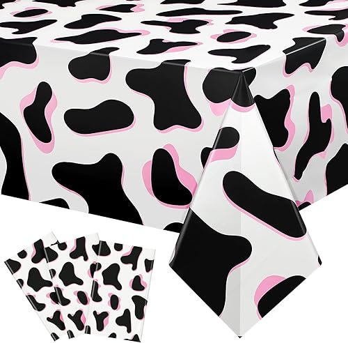 Tiamon Mantel con estampado de vaca rosa de 108 x 54 pulgadas, mantel de plástico desechable para fiesta de cumpleaños, suministros de decoración de