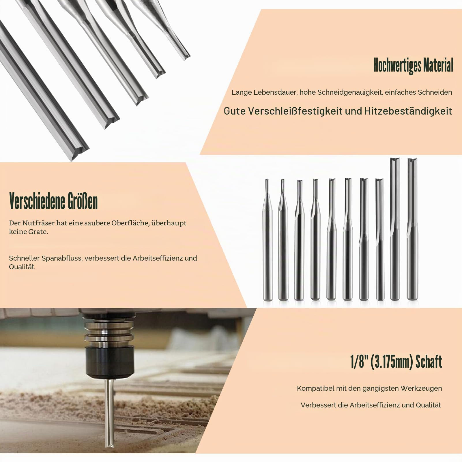 1/8 Zoll Schaft 2 Rillen gerader Schlitz Fräser Bits Set Schneidkante Durchmesser (1 mm 1,5 mm 2,0 mm 2,5 mm 3,175 mm je 2 Stück) Fräser für MDF, PVC, Acryl, Spanplatten, Holz