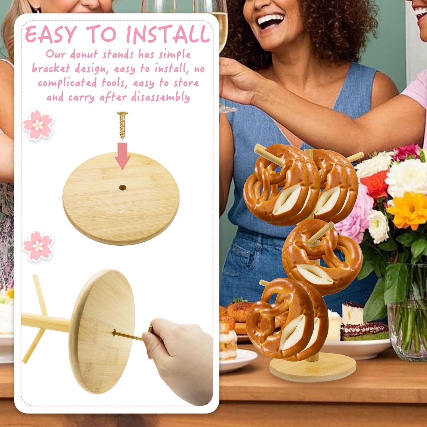 2 Pcs Donut Stand Donut Wall Display Stand Wooden Bagel Holder for Party Supplies Table Dessert Wedding Birthday Baby Shower Treat Dessert Table Decoration