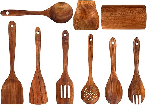 Miniatura 1 de Juego de espátulas de madera  9 piezas de acacia  Colección de utensilios de cocina  Herramientas de cocina naturales para hornear servir mezcla y