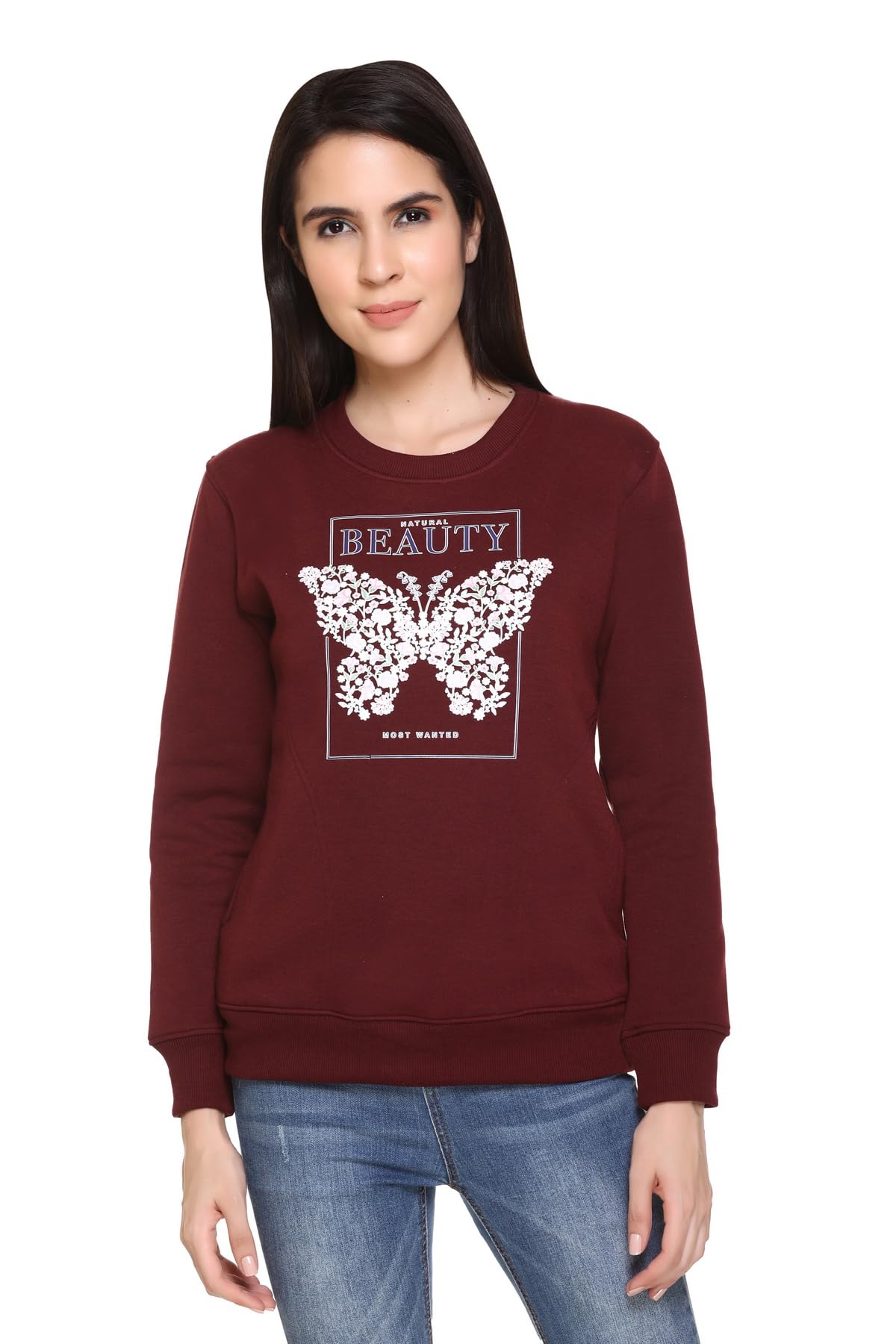 hold Women's Fleece Sweatshirt, Maroon with Graphic Print Butterfly Design, Round Neck, Long Sleeve, Regular Fit, Standard Length-picture-10