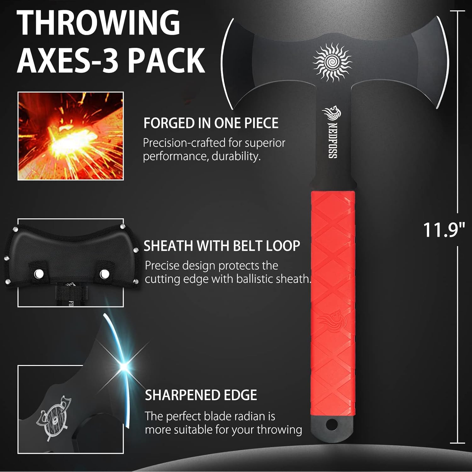 NedFoss Throwing Axes and Tomahawks with Innovative TPR Rubber Handle, 11.9" Full Tang Double Bit Throwing Axe Set with Sheath, Viking Axe Throwing Game for Recreation and Competition