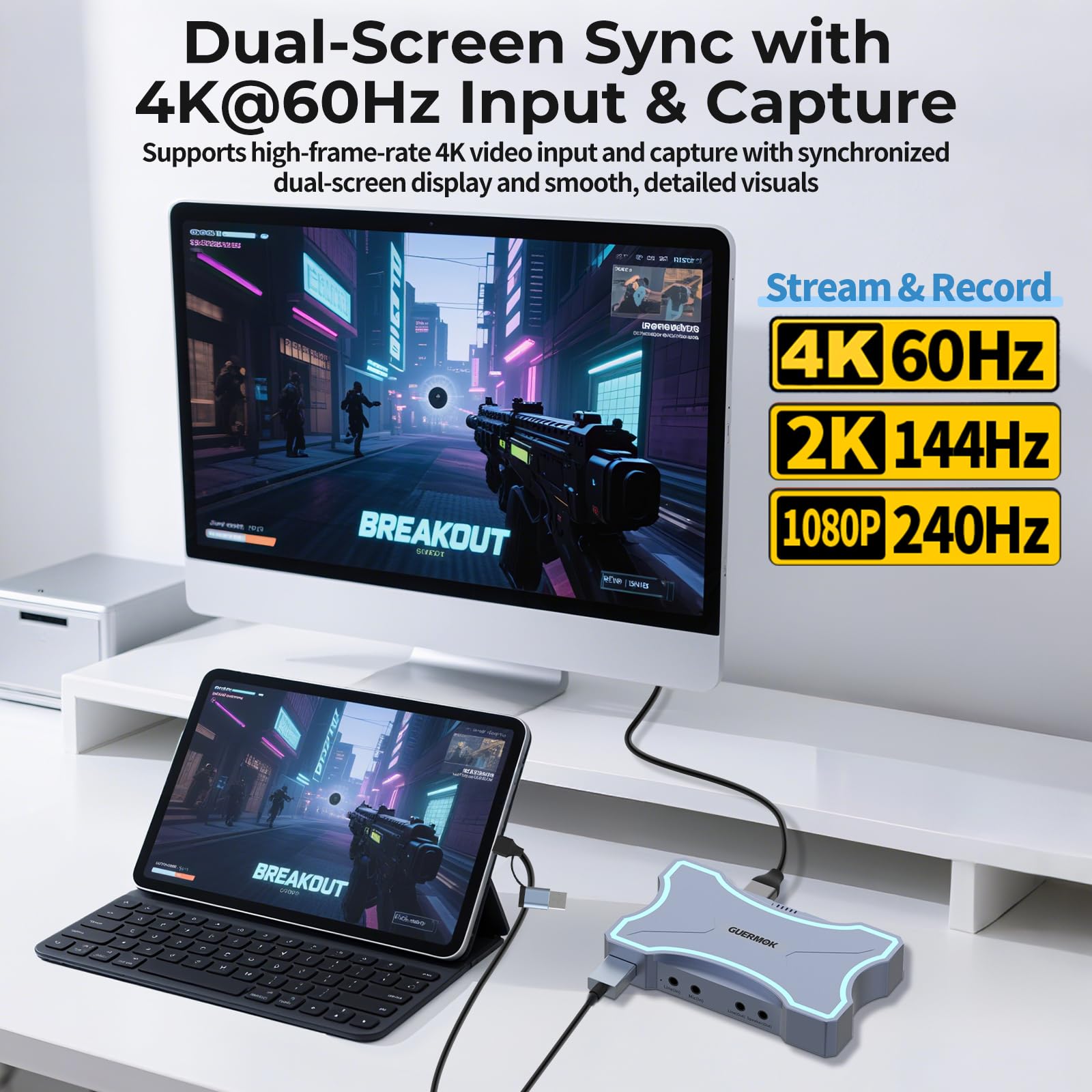 Guermok, Scheda acquisizione HDMI, 4K60FPS / 2K120FPS, Touch LED, streaming | Streaming, registrazione e gaming a bassa latenza, Compatibile con console portatili, computer, software di streaming, USB3.0