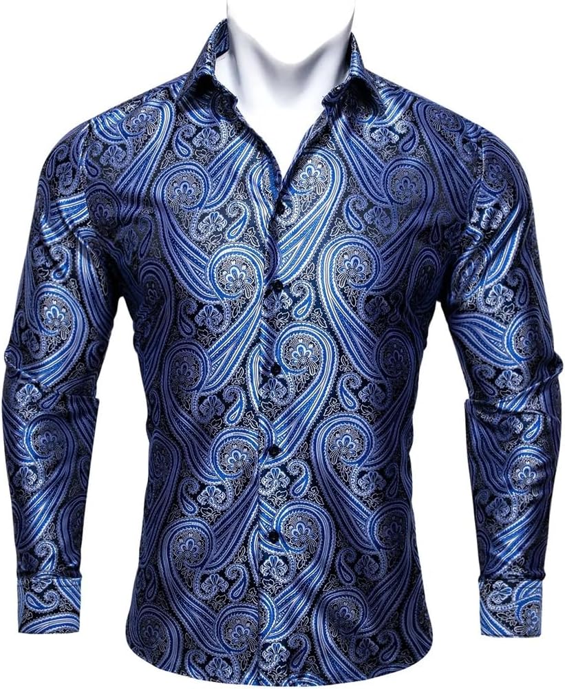 Royal Silk Paisley Men Shirt Four Seasons Lapel Long Sleeve Embroidered Fit Party Wedding(X-Large)