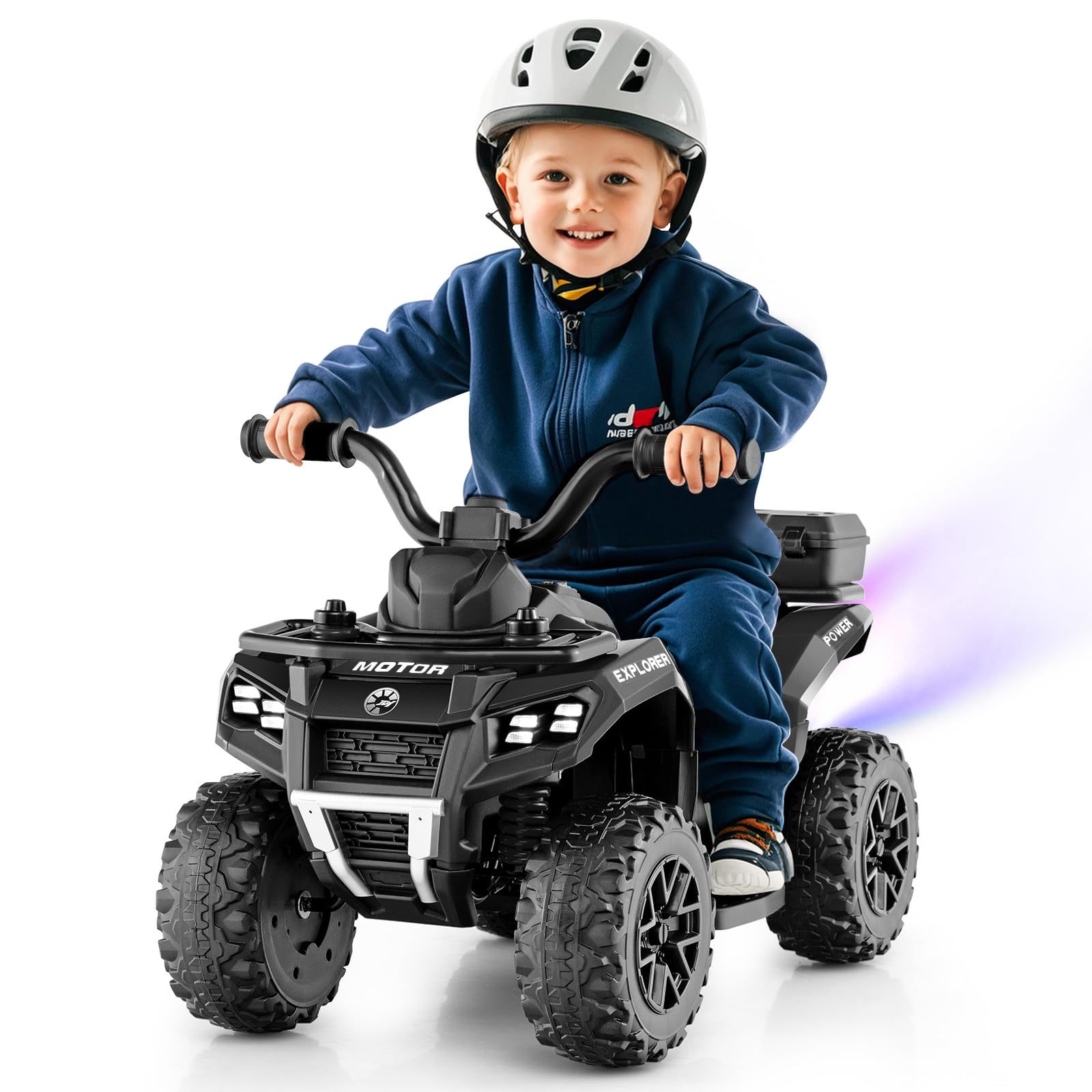 6V Kids Electric Ride on ATV, Battery Powered Quad Bike with Spray Function, Horn, Music, LED Lights, Storage Basket, Toddler Bench Vehicle Toy for Boys Girls 18+ Months (Black)