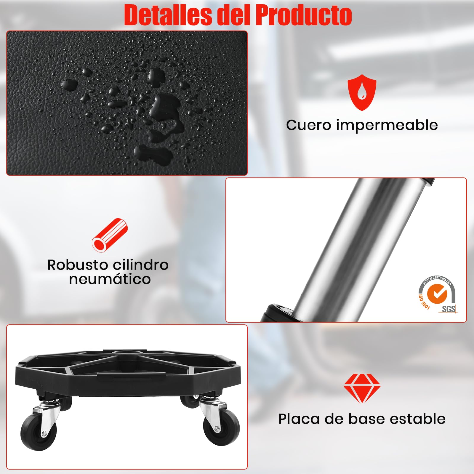 GYMAX Taburete de Montaje Móvil Robusto, Taburete de Taller Ajustable, Asiento Neumático Mecánico con Bandeja para Herramientas y Cojín Acolchado, Asiento Giratorio para Garaje (Negro)