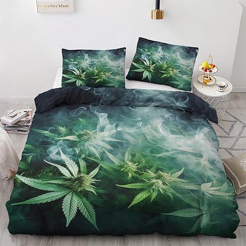 zcwl Juego de funda de edredón tamaño King  Juego de ropa de cama de hojas de marihuana  3 piezas  Funda de edredón con patrón de microfibra suave