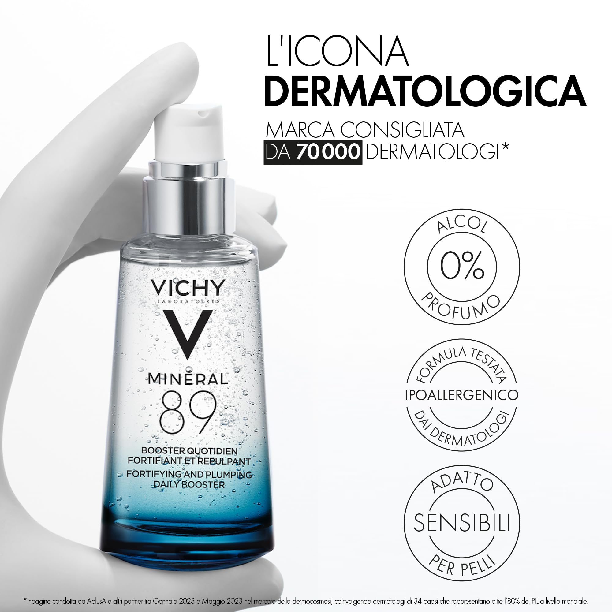 Vichy Minéral 89, Booster Quotidiano Fortificante e Rimpolpante, Per Tutti i Tipi di Pelle, Pelle Tonica e Idratata, Arricchito con Acido Ialuronico e Acqua Vulcanica, 75 ml