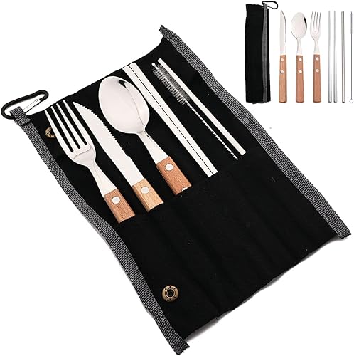 JASHII Juego de cubiertos reutilizables de viaje, juego de cubiertos de acero inoxidable 304 con mango de madera, palillos y pajitas con bolsa negra.