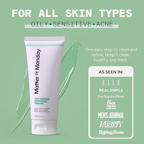 Miniatura 6 de Lavado facial minimizador de poros - Limpiador exfoliante con enzimas de frutas y bambú - Limpiador facial diario para piel grasa propensa al acné -