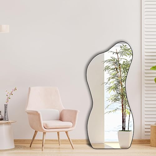 Miniatura 3 de Espejo grande de forma única irregular, espejo de pared asimétrico grande, espejo de pared ondulado moderno negro para sala de estar, baño,