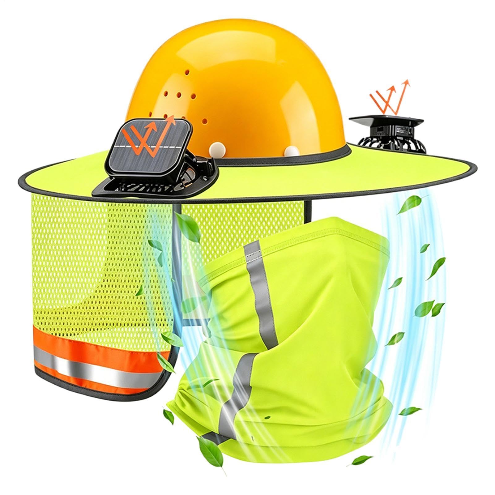 Visier für Helmschutz – Orange/Schwarz, Sonnenblende mit Solar-Lüfter zur Kühlung im Sommer, Nackenschutz, Sonnenschutz für Erkennung, Länge 16 p