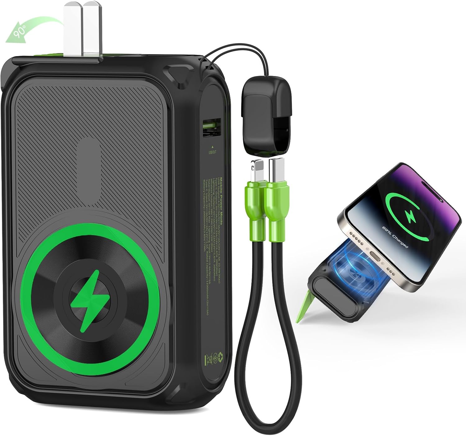SEANCHEER P05 Portable Charger showing its foldable plug, built-in cables, and magnetic charging pad.
