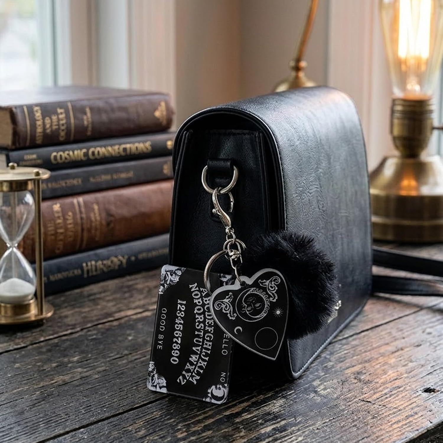 Goth Keychain Ouija Board with Fluffy Pom Pom for Women, Black Goth Emo Punk Gothic Keychain Moon Goddess Keyring Bag Charms, Alphabet Divination Pendant Key Ring Car Keys Handbag Accessories
