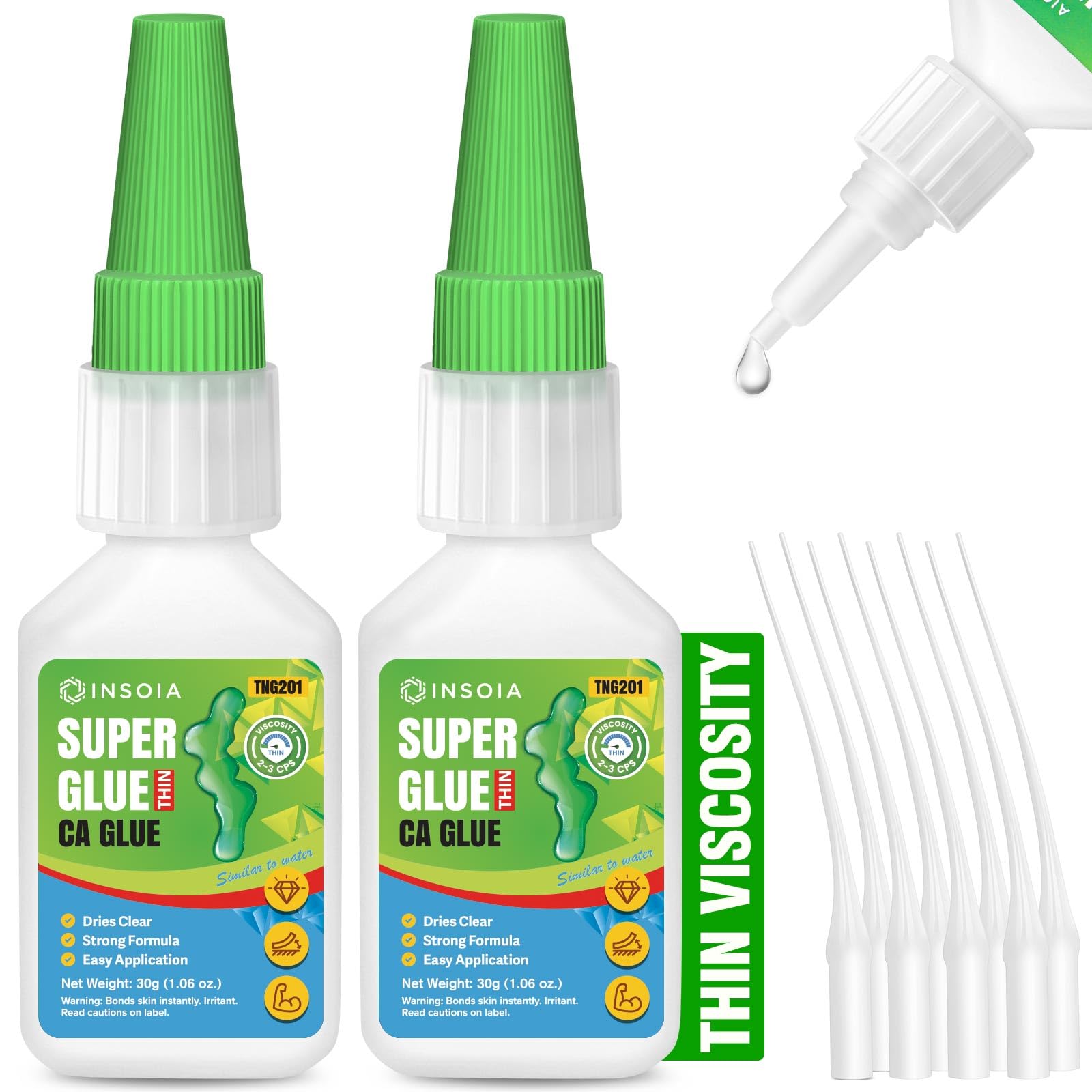 Thin CA Glue, 30g x 2 PCs Premium Cyanoacrylate Super Glue Fast Drying 2 CPS Viscosity Adhesive for Woodturning, Pen Making, Hobby, Fossil Prep, Inlays, Hardening, Stabilizing&More