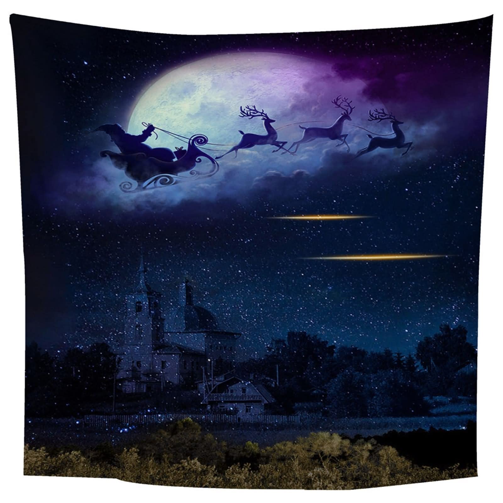 Wandbehang Weihnachten, Wandbehang Wohnzimmer Weihnachtsmann Elchschlittennacht Dunkelblau Polyester 350X256cm