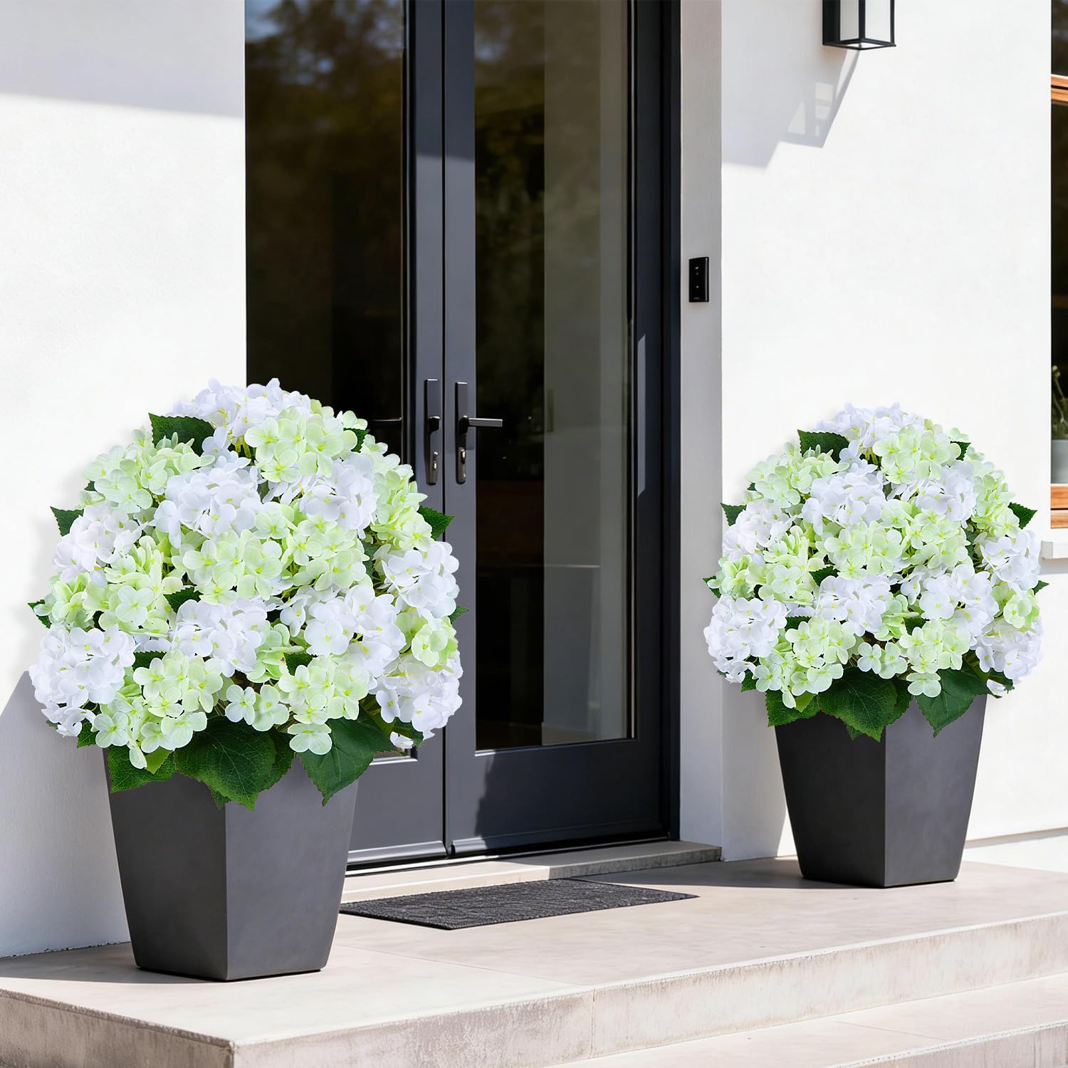 GTIDEA 2 Set 24" Artificial Hydrangea Tree with Ground Spike Outdoor Faux Hydrangea Flowers Bushes UV Resistant PU Real Touch Faux Flower Tree Artificial Topiary for Outdoors Front Porch Garden Decor