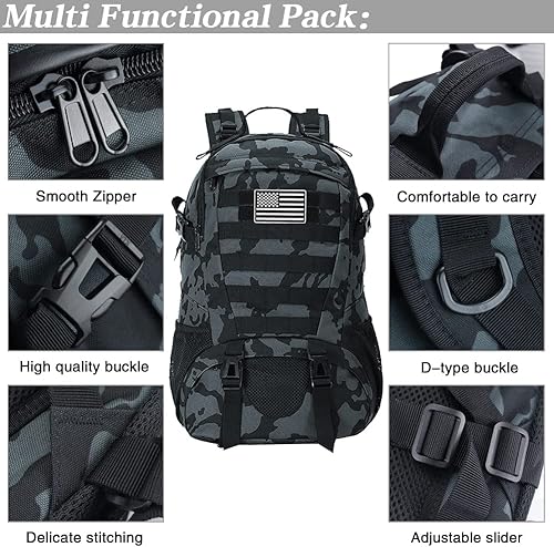 Miniatura 3 de LIMHOO Mochila táctica para hombre, bolsa militar Molle para senderismo, paquete de día de 27 L, mochila EDC impermeable con parche de bandera de