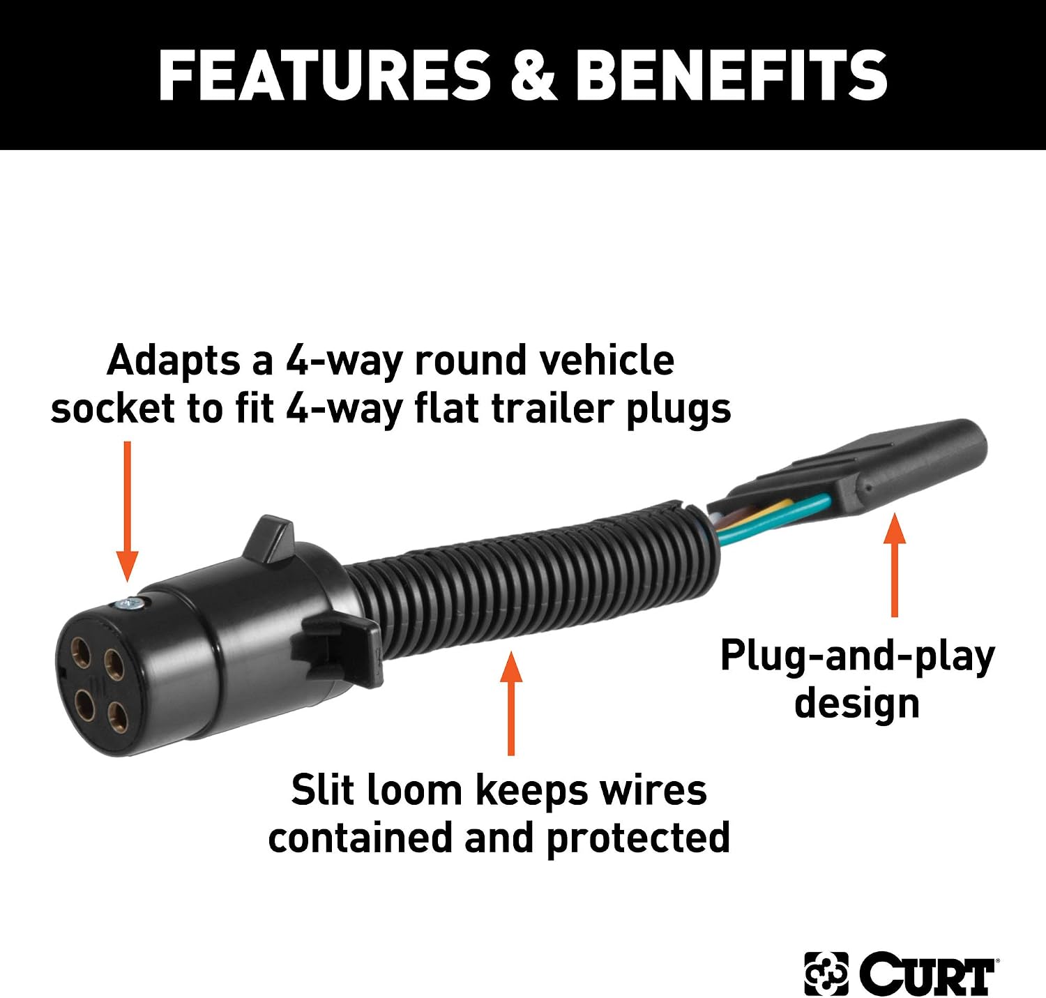 CURT 57224 4-Pin Round Vehicle-Side to 4-Way Trailer Wiring Adapter