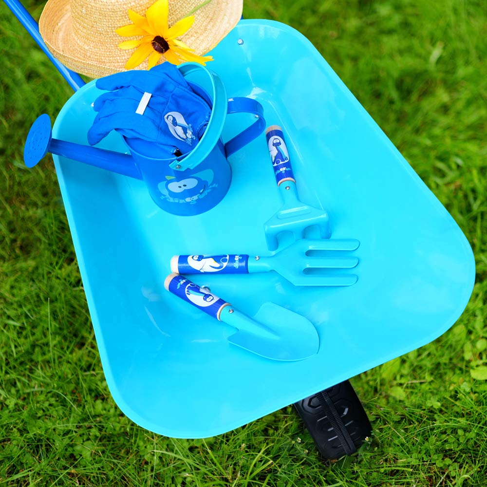 Colwelt Carriola in Metallo per Bambini, 5 Pezzi, Set da Giardinaggio Con Pala, Rastrello, Forchetta e Guanti (Blu)