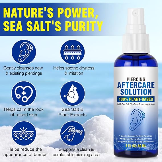 Piercing Aftercare Spray - Saline Solution for Ear, Nose, Belly Button, Cartilage Piercings - Ear Piercing Cleaner Spray with Sea Salt, Aloe Vera & Rosemary, Gentle and Non-Irritating, 2 Fl Oz